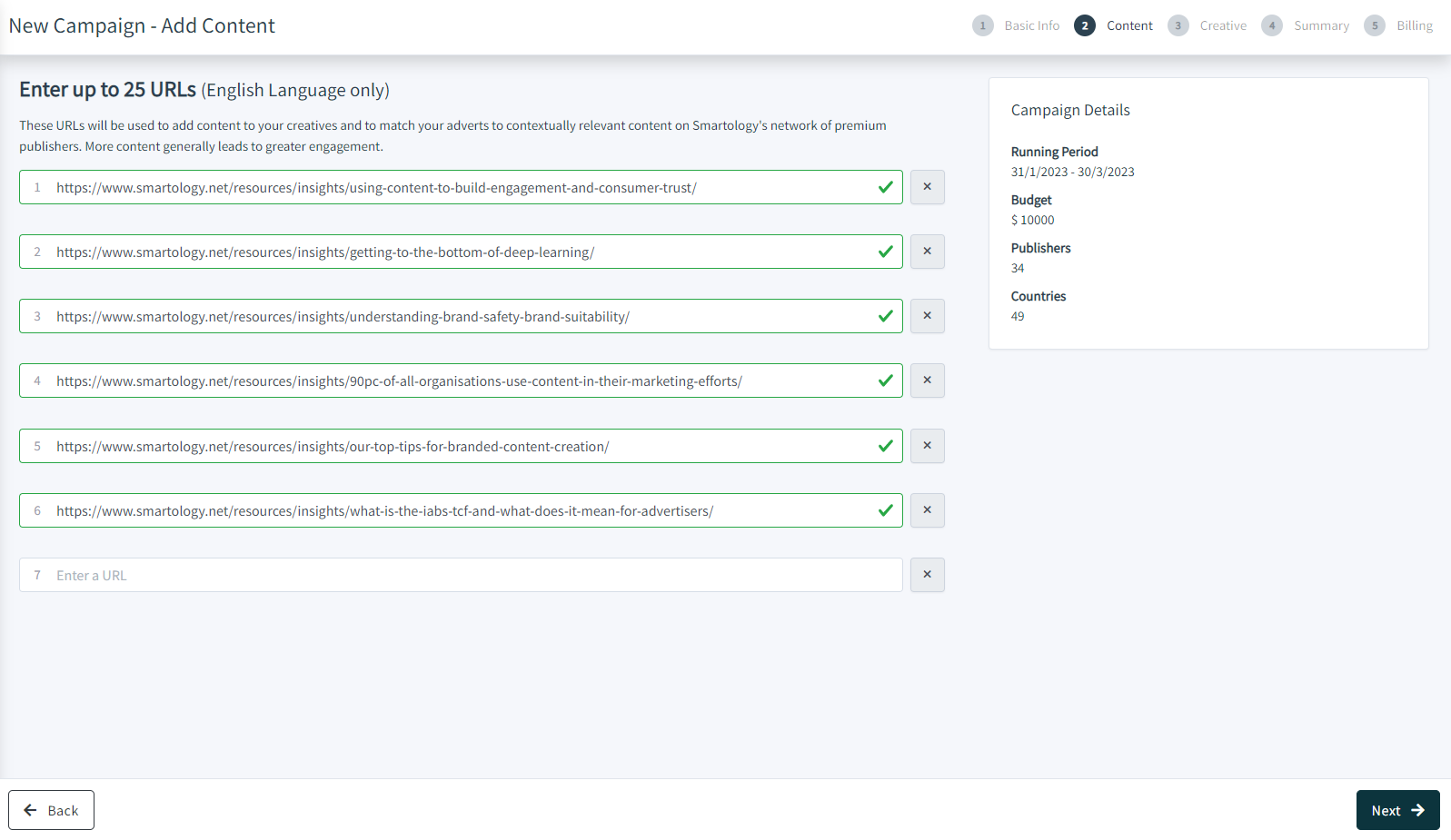 Screenshot of the SmartMatch™ Platform's 'Content' screen, which is where you upload content URLs.